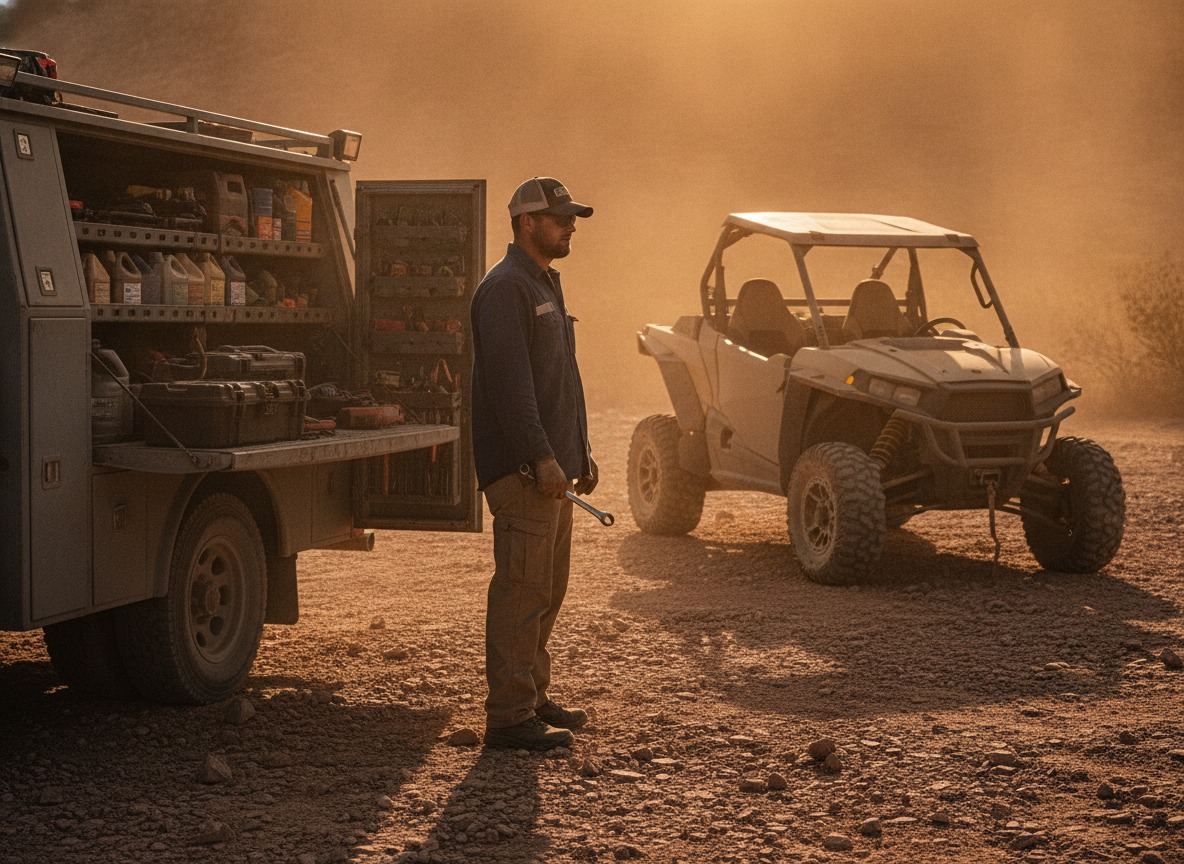 Mechanic working on brand-specific UTV components on-site