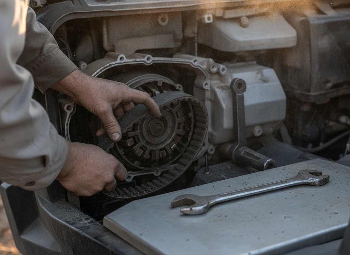 Mechanic servicing a UTV CVT clutch and drive belt on-site