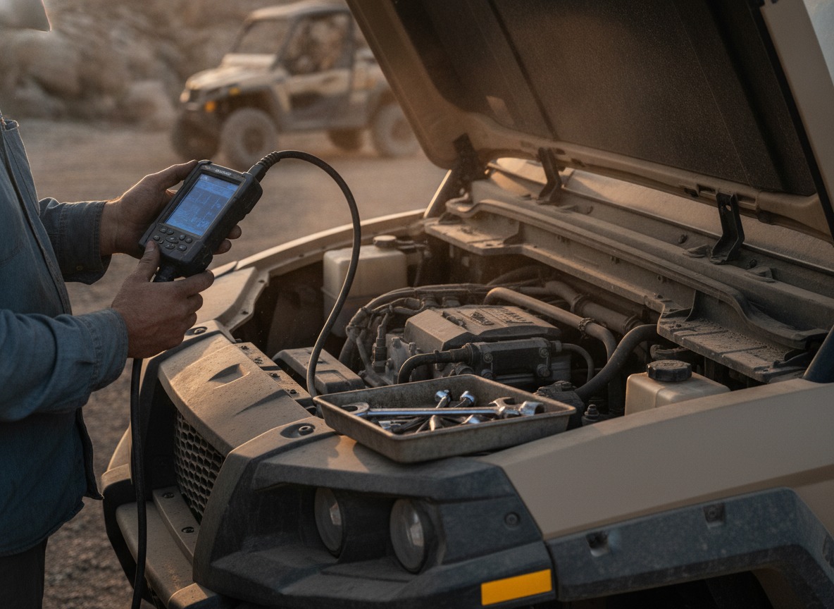 Diagnostic tools connected to a UTV for engine and electrical troubleshooting