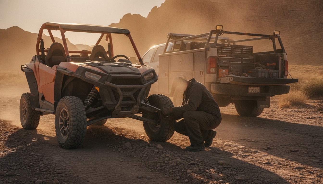 Mobile UTV mechanic repairing a side-by-side on a desert trail at sunset