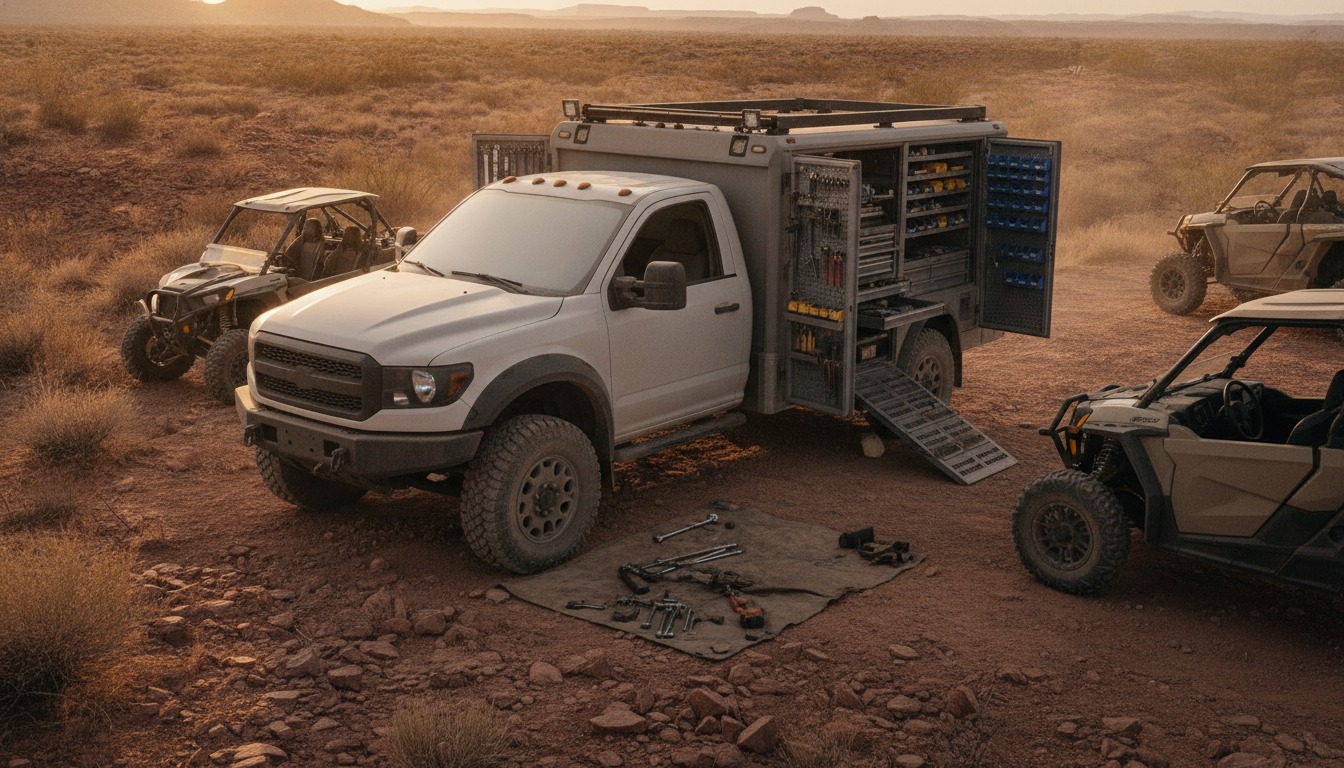 Fully equipped mobile UTV repair rig parked at a desert trailhead