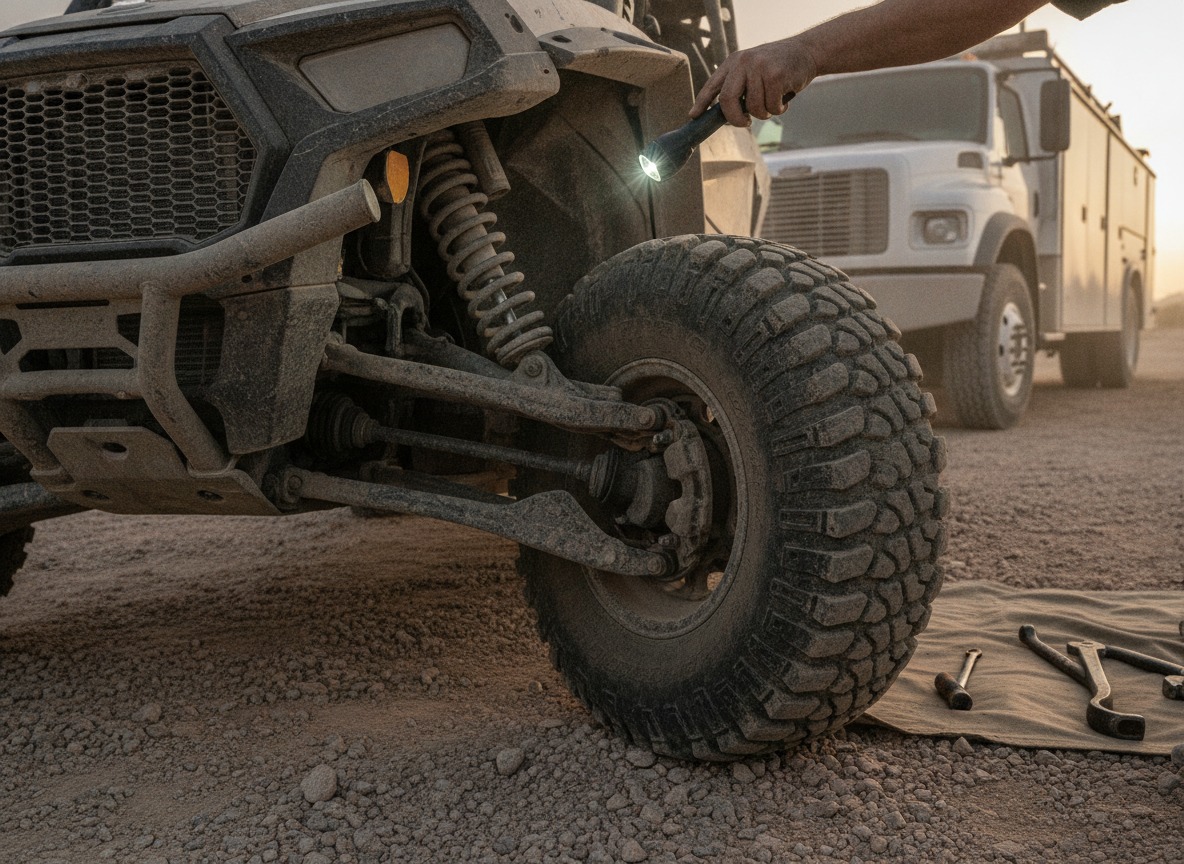 Close-up of UTV shock and A-arm suspension components