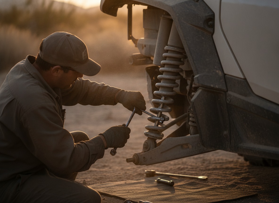 Mechanic rebuilding a UTV shock on-site